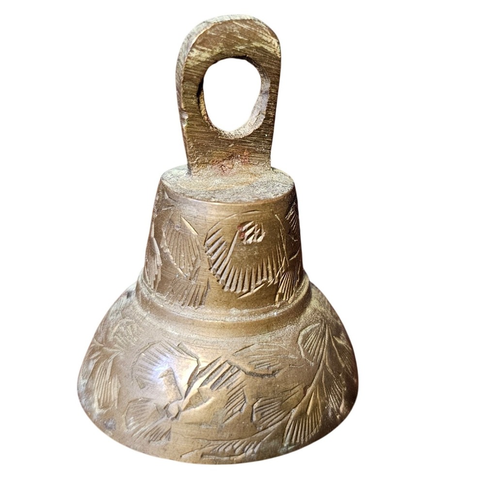 Vintage Etched Brass Hand Bell Made in India Floral Pattern 2 Inch Small Gold
